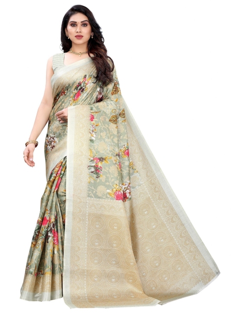 

Iris Green & Pink Floral Art Silk Banarasi Saree