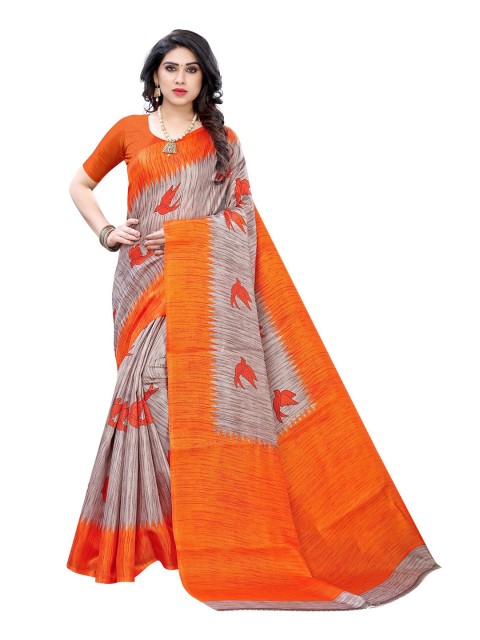 

Iris Orange & Grey Abstract Printed Art Silk Banarasi Saree