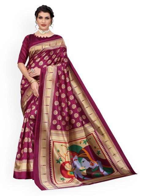 

Iris Magenta & Gold-Toned Ethnic Motifs Art Silk Banarasi Saree
