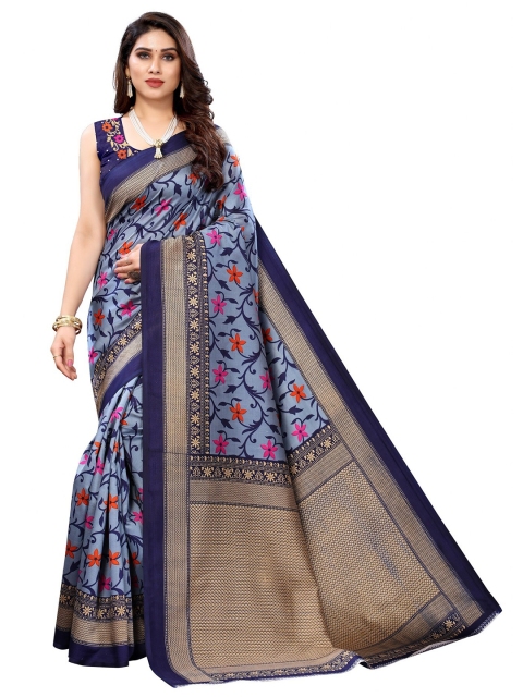 

Iris Navy Blue & Gold-Toned Floral Art Silk Banarasi Saree
