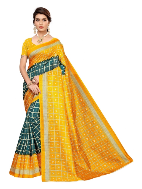 

Iris Green & Yellow Checked Art Silk Banarasi Saree