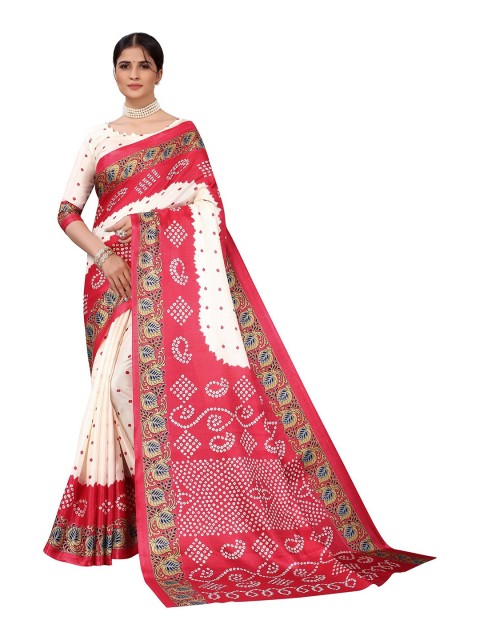 

Iris Red & White Bandhani Art Silk Banarasi Saree