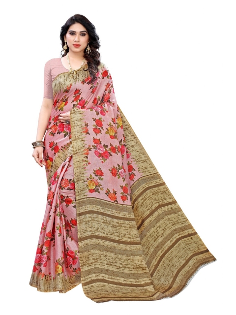 

Iris Pink & Beige Floral Printed Art Silk Banarasi Saree