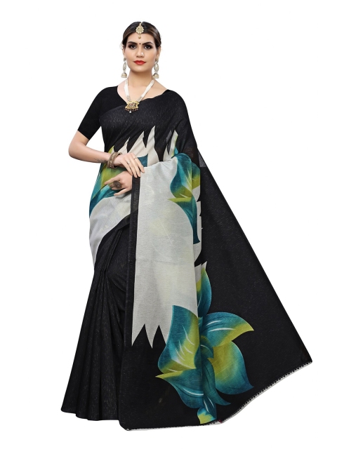 

Iris Black & Teal Floral Art Silk Banarasi Saree