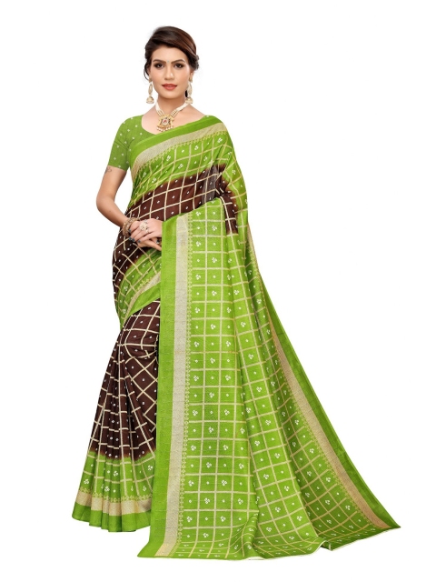 

Iris Brown & Green Bandhani Printed Art Silk Banarasi Saree