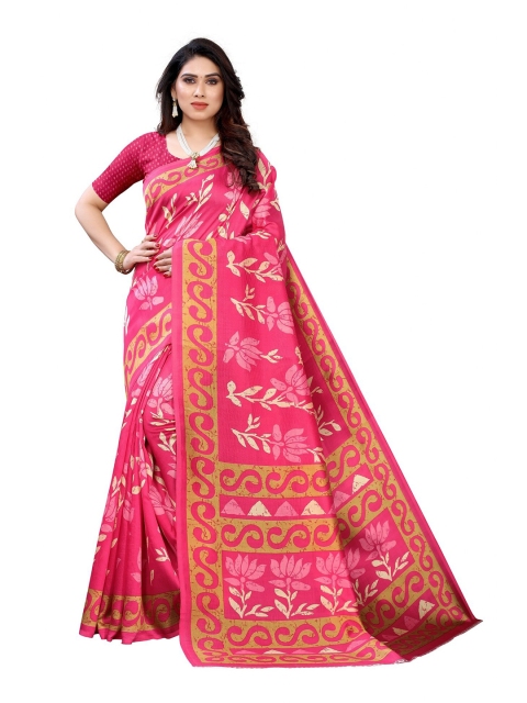 

Iris Pink & Gold-Toned Floral Art Silk Banarasi Saree