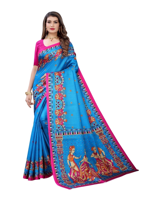 

Iris Blue & Pink Ethnic Motifs Printed Cotton Silk Banarasi Saree