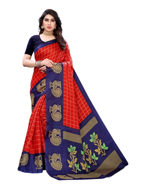 

Iris Women Red & Navy Blue Checked Cotton Silk Banarasi Saree
