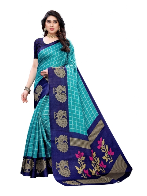 

Iris Blue & Pink Checked Art Silk Banarasi Saree