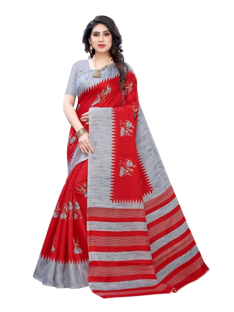 

Iris Red & Grey Ethnic Motif Printed Art Silk Banarasi Saree