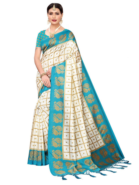

Iris Teal & White Checked Art Silk Banarasi Saree