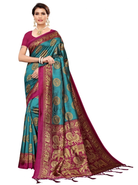 

Iris Teal & Pink Ethnic Motifs Art Silk Banarasi Saree