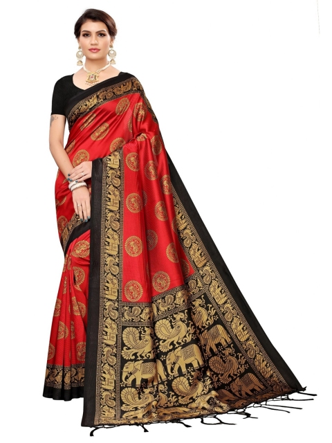 

Iris Red & Black Ethnic Motifs Art Silk Banarasi Saree