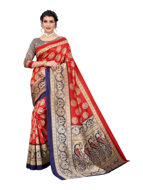 

Iris Red & Navy Blue Ethnic Motifs Art Silk Banarasi Saree