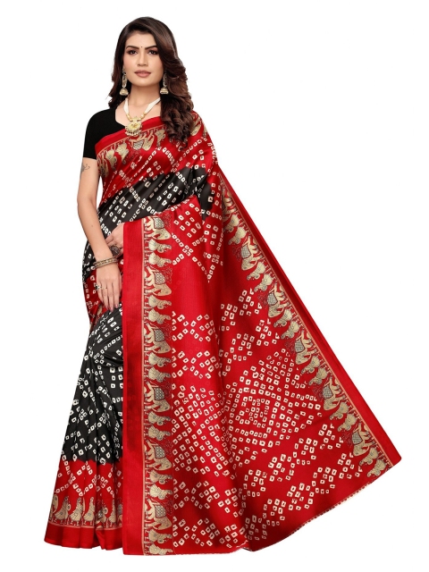 

Iris Black & Red Bandhani Art Silk Banarasi Saree