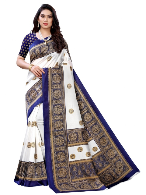 

Iris Navy Blue & White Floral Printed Art Silk Banarasi Saree