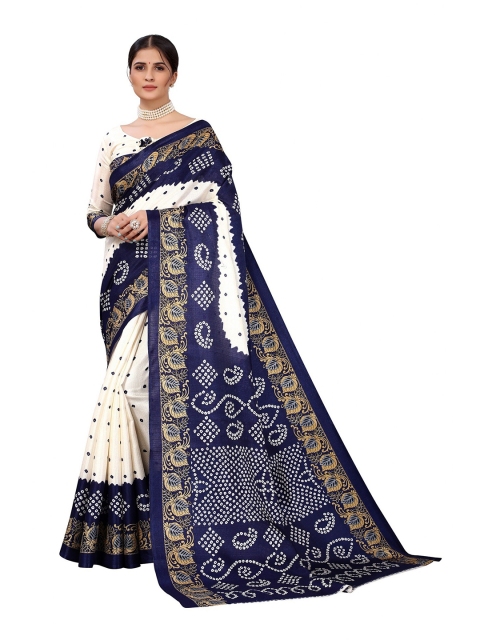 

Iris White & Navy Blue Bandhani Art Silk Banarasi Saree