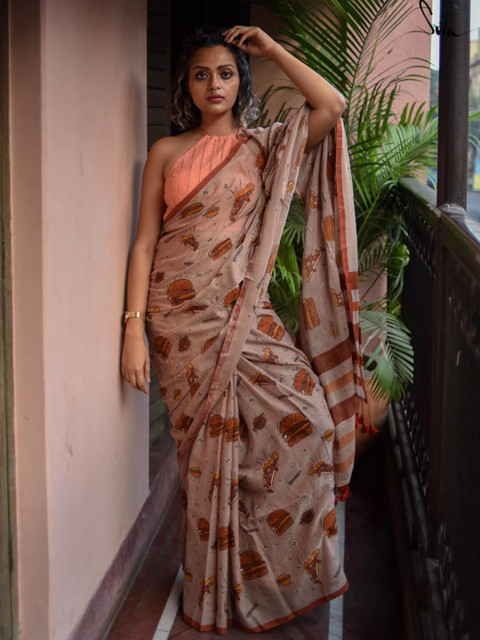

Suta Brown & Grey Printed Pure Cotton Saree With Fall