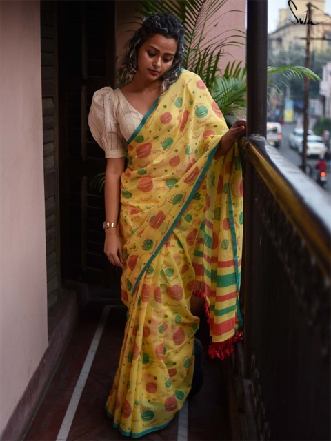 

Suta Yellow & Red Printed Pure Cotton Saree With Fall