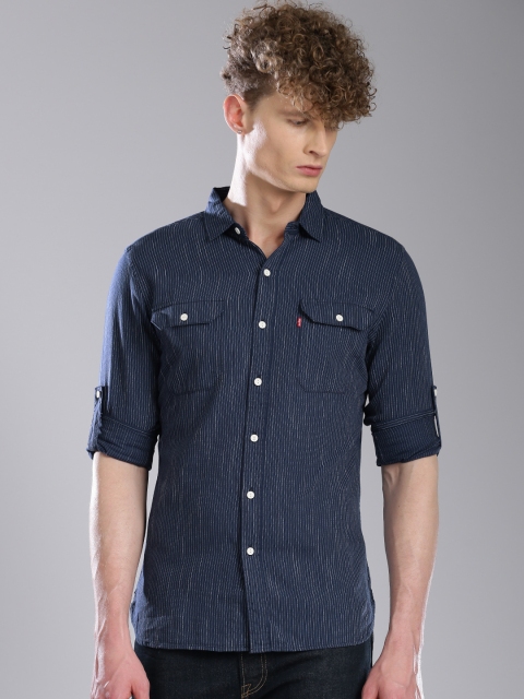

Levis Men Navy Striped Slim Fit Casual Shirt, Navy blue