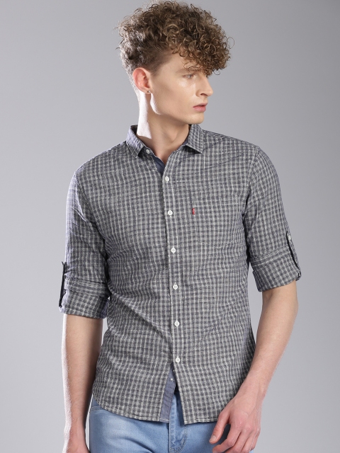 

Levis Men Navy Blue & Grey Self Design Slim Fit Casual Shirt