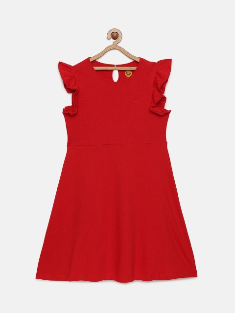 

YK Girls Red Small Heart Embroidered Fit & Flare Ruffled Sleeveless Dress