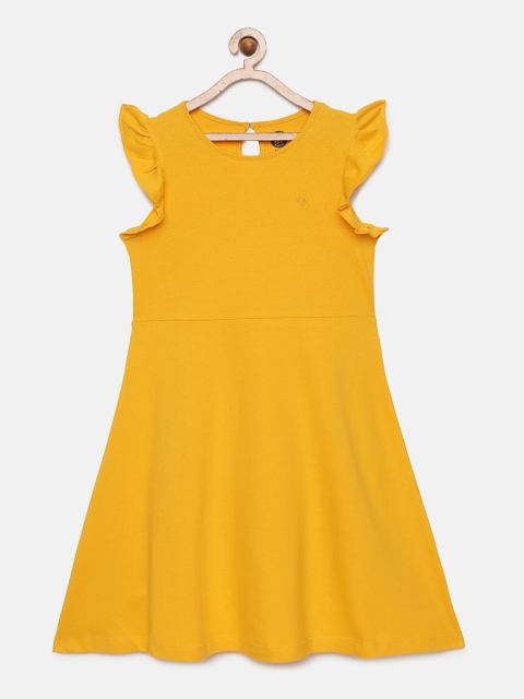 

YK Girls Yellow Small Heart Embroidered Fit & Flare Ruffled Sleeveless Dress