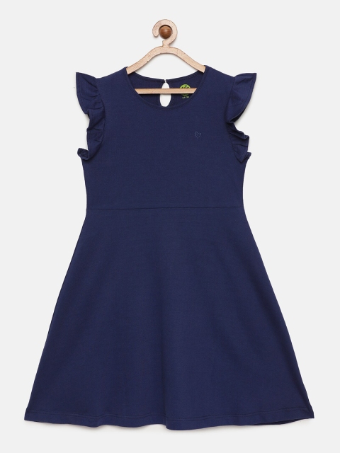 

YK Girls Navy Blue Small Heart Embroidered Fit & Flare Ruffled Sleeveless Dress