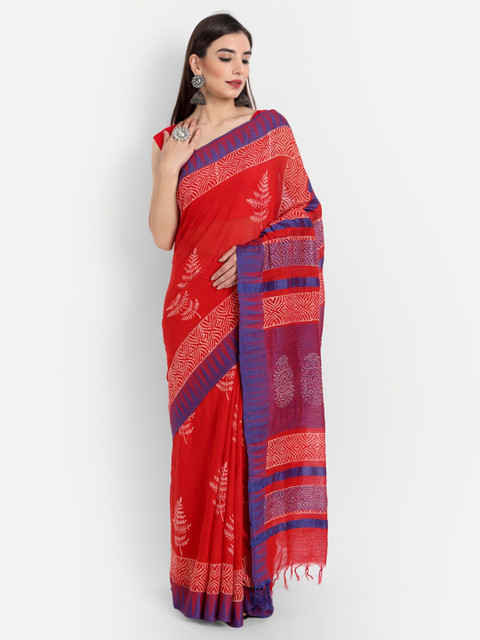

Fibre World Red & Blue Floral Pure Linen Bhagalpuri Saree