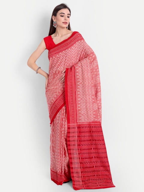 

Fibre World Red & White Printed Pure Cotton Sambalpuri Saree