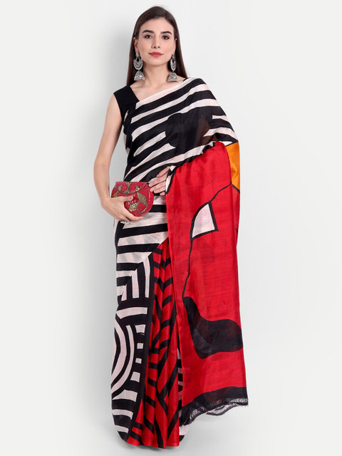 

Fibre World Black & Red Striped Pure Silk Murshidabad silk Saree