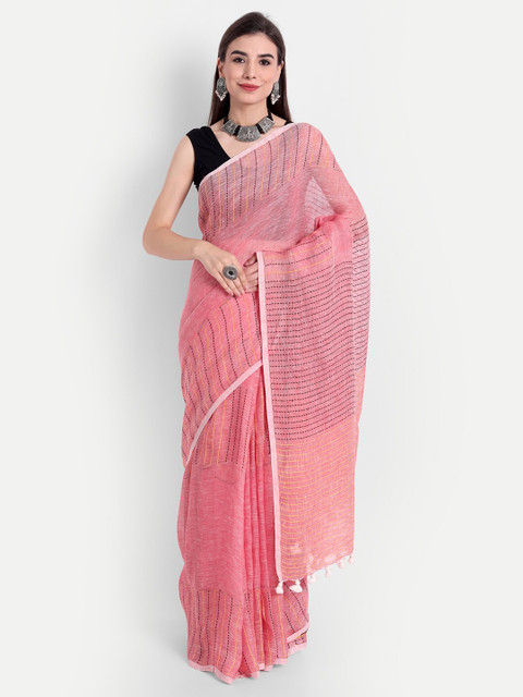 

Fibre World Peach & Black Striped Woven Design Pure Linen Saree