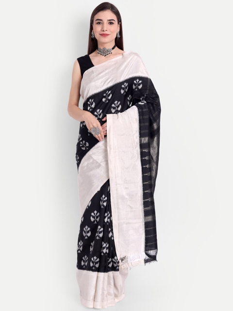 

Fibre World Black & White Floral Pure Silk Pochampally Saree