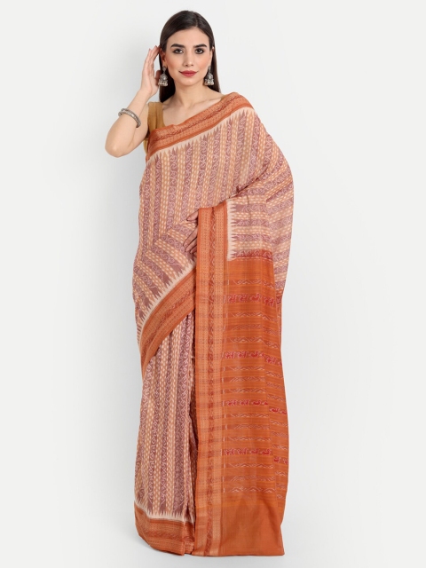 

Fibre World Women Brown & Cream-Coloured Pure Cotton Striped Saree
