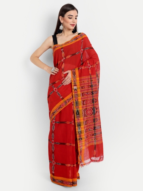 

Fibre World Maroon & Black Pure Cotton Sambalpuri Saree