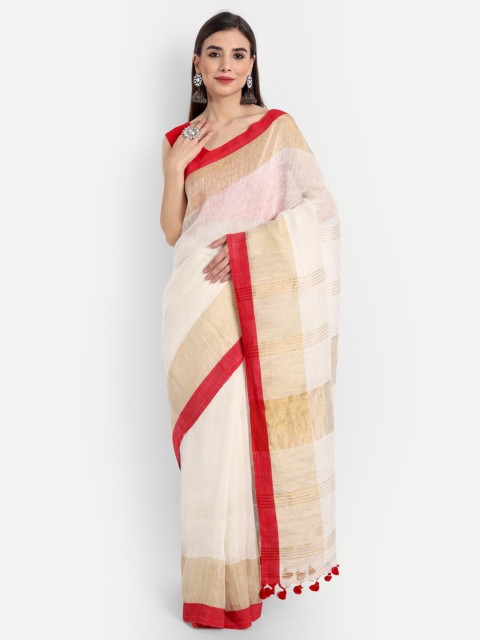

Fibre World White & Red Woven Design Pure Linen Bhagalpuri Saree
