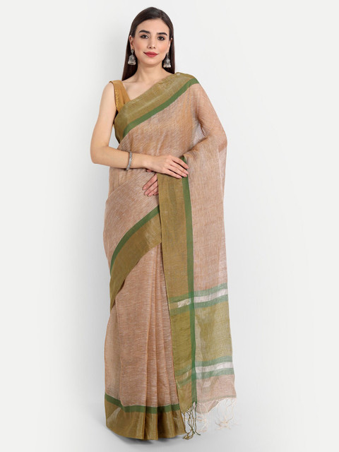 

Fibre World Beige & Green Pure Linen Bhagalpuri Saree