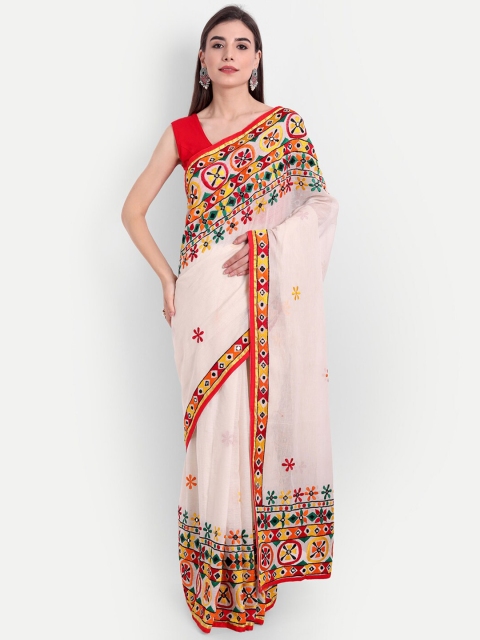 

Fibre World Women White & Red Embroidered Pure Cotton Saree