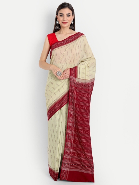 

Fibre World Cream-Coloured & Maroon Ethnic Motifs Pure Cotton Sambalpuri Saree