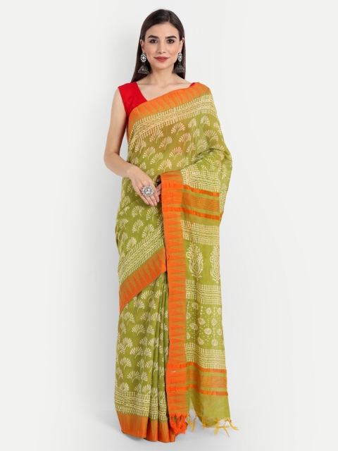 

Fibre World Green & Orange Ethnic Motifs Pure Linen Bhagalpuri Saree