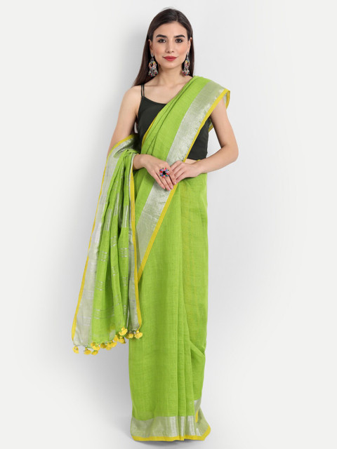 

Fibre World Green & Silver-Toned Zari Pure Linen Bhagalpuri Saree