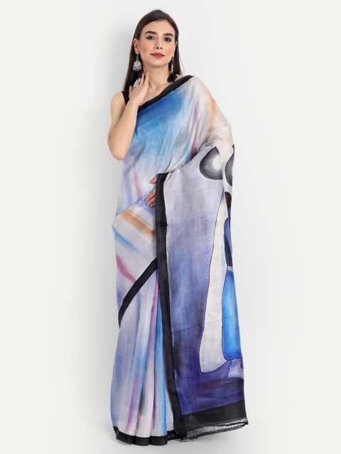

Fibre World White & Blue Ombre Pure Silk Murshidabad silk Hand Painted Saree