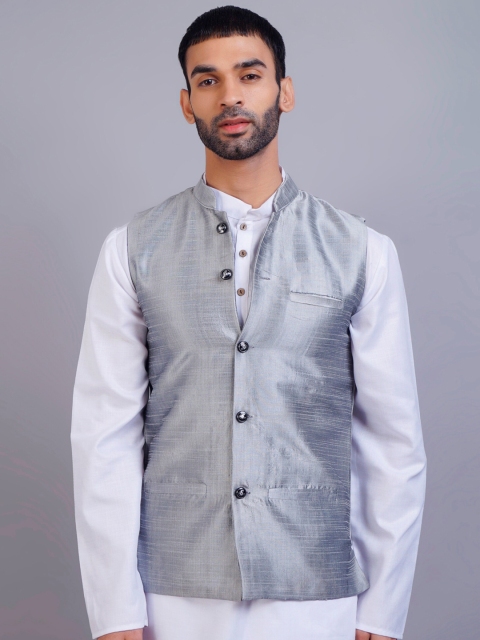 

GRACIT Men Silver Coloured Dupion Silk Nehru jacket