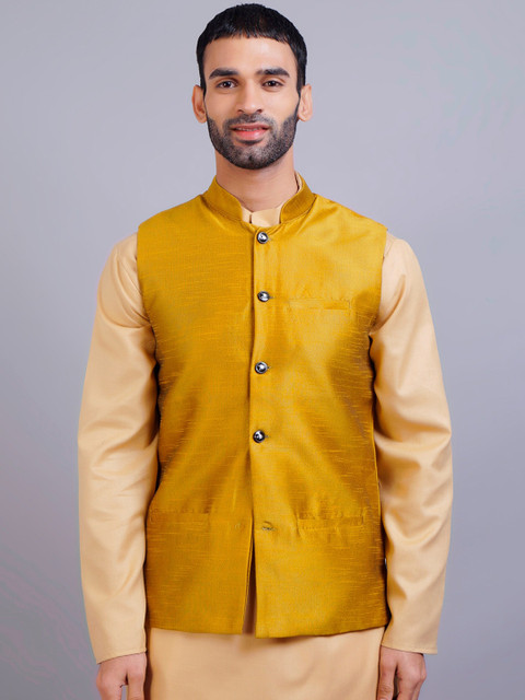 

GRACIT Men Gold-Coloured Solid Satin Nehru Jacket