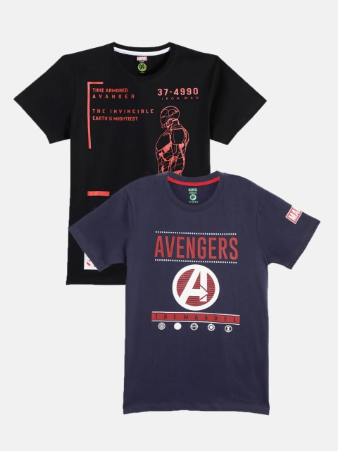 

YK Marvel Boys Pack Of 2 Black & Navy Blue Printed Pure Cotton T-shirt