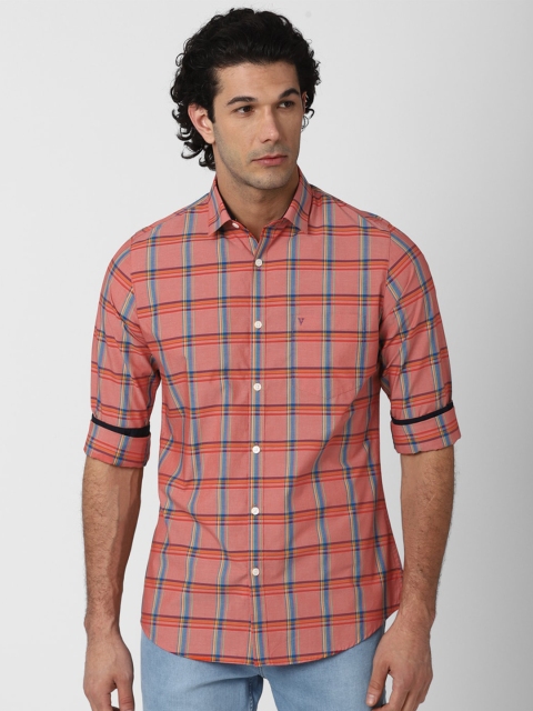 

Van Heusen Sport Men Peach-Coloured Slim Fit Checked Casual Shirt