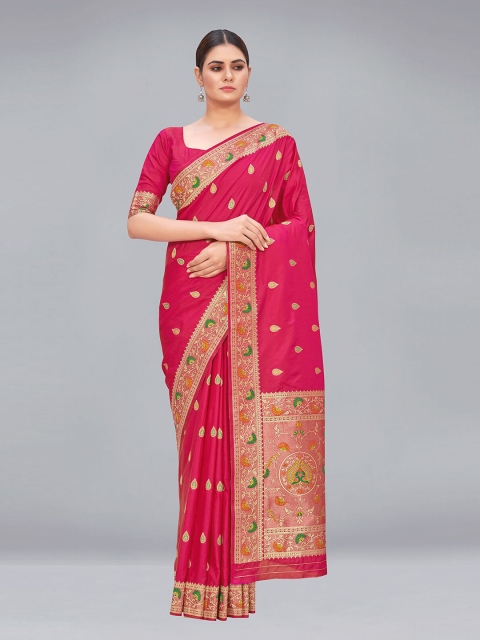 

MONJOLIKA FASHION Pink & Gold-Toned Woven Design Zari Silk Blend Paithani Saree