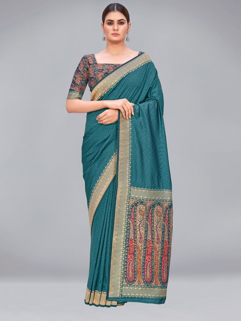 

MONJOLIKA FASHION Teal & Red Paisley Woven Design Banarasi Saree