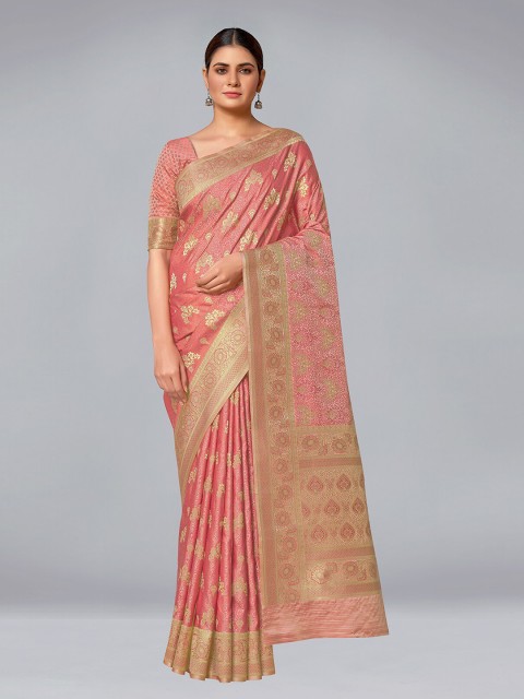 

MONJOLIKA FASHION Peach-Coloured & Gold-Toned Woven Design Zari Silk Blend Banarasi Saree