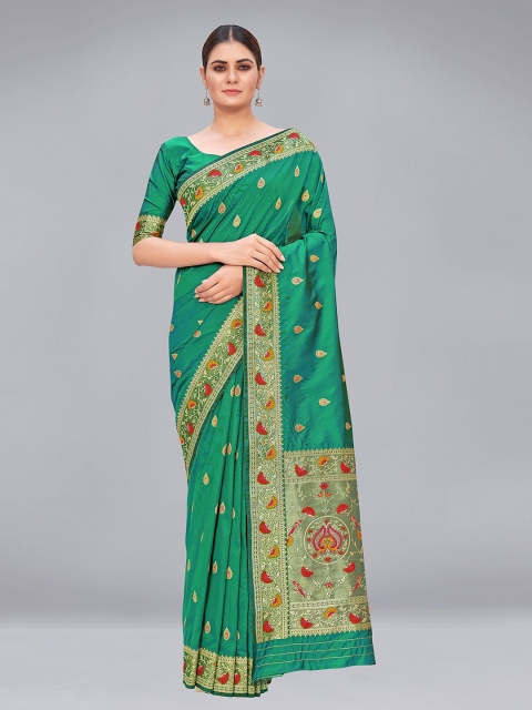 

MONJOLIKA FASHION Teal Green & Gold-Toned Ethnic Motifs Silk Blend Paithani Saree